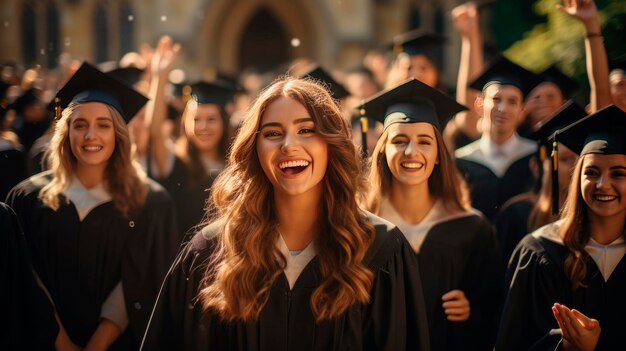 Foto la ragazza felice e carina sta sorridendo, i compagni di classe sono dietro, è in una tavola di malta nera.