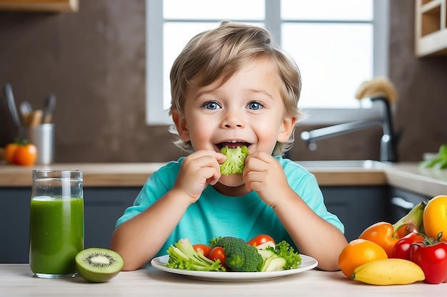 happy cute kid boy eat healthy food