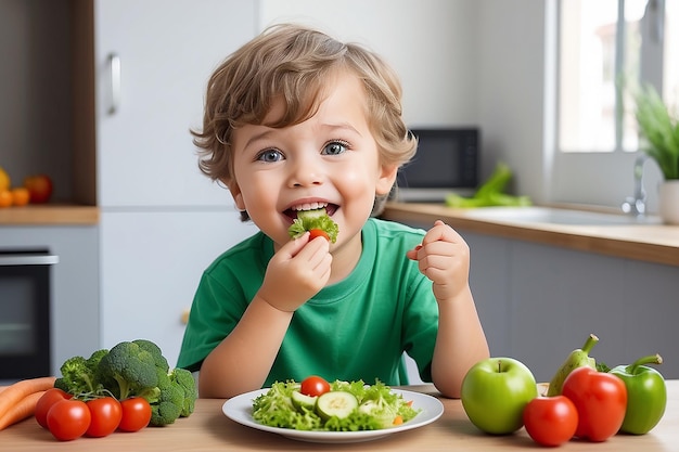 happy cute kid boy eat healthy food