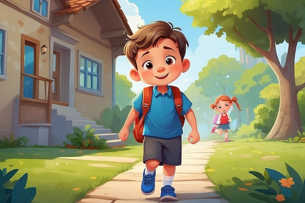 Photo happy cute kid boy go home from school vector