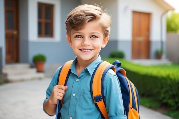 Photo happy cute kid boy ready to go to school