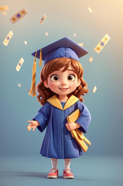 Happy cute kid girl children in graduation gown and cap at graduation ceremony hand drawn cartoon character illustration