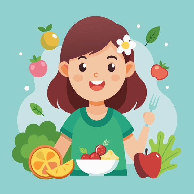 Photo happy cute kid girl eating healthy food