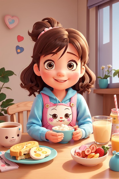사진 행복한 귀여운 소녀 카와이 어린이 아침 식사를 먹고 손으로 그린 만화 캐릭터 일러스트레이션
