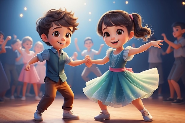 happy cute kids boy and girl dance together