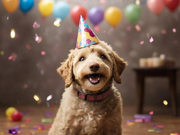 Happy cute labradoodle dog wearing a party hat celebrating at a birthday party surrounding by fall