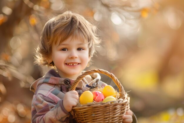 happy cute little boy holding a basket with Easter eggs