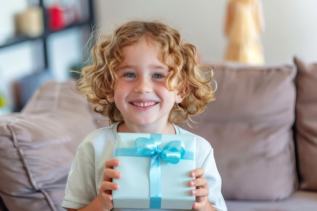 写真 リビングルームでギフトボックスを握っている幸せな可愛い小さな子供 家での祝い