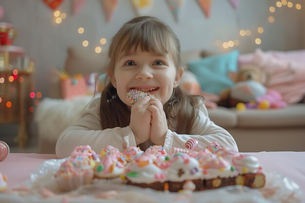 Happy cute little kid girl eat candy and sweets