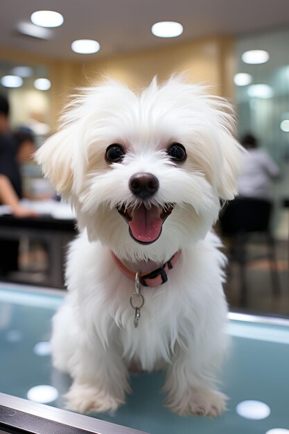 Photo happy and cute maltese dog sitting over a table