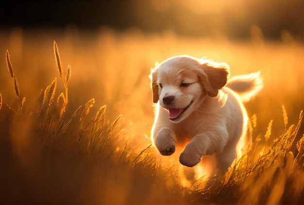 Happy cute puppet Golden Retriever dog running in the meadow on golden sunlight background Generative AI