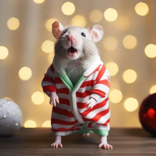 クリスマスの服を着た可愛いネズミ