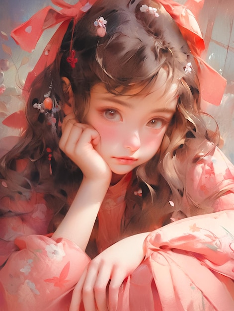 Happy and Cute Realistic Anime baby girl is holding flowers in her hands AI Generated