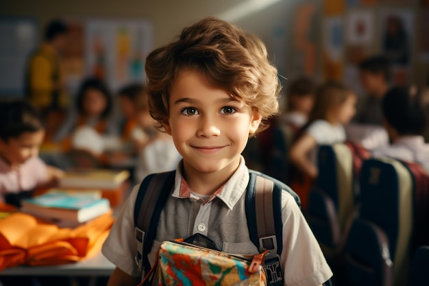 A happy cute smart boy with a stylish hairstyle with a school bag and notebooks in his hand runs lat