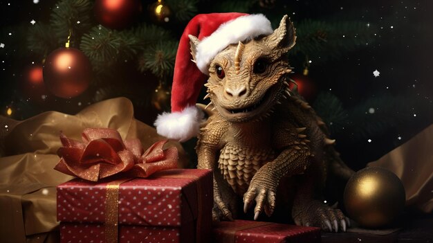 クリスマス プレゼントの箱を持つ幸せなかわいい笑顔の小さなドラゴン