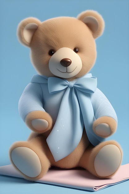 Happy and Cute Teddy bear with blue bow on blue background 3D rendering