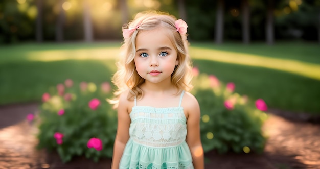 Photo happy cute tender little kid girl in blossom garden beauty kid girl outdoor portrait female kid with blonde hair blue eyes summer dress beautiful little teen girl enjoying spring tenderness kid dream