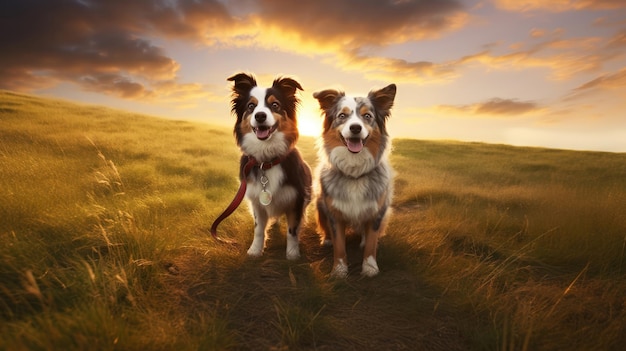 Happy Cute Two Dogs With Collars On The Grass Generative AI