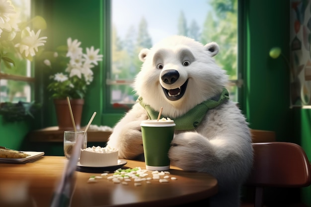 Happy cute white bear in summer cafe decorated with green wall and flowers has breakfast and drinks coffee 3D illustration Generative AI