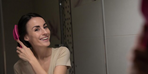 Happy cute woman combing her hair with a pink comb while looking in the mirror in her bathroom