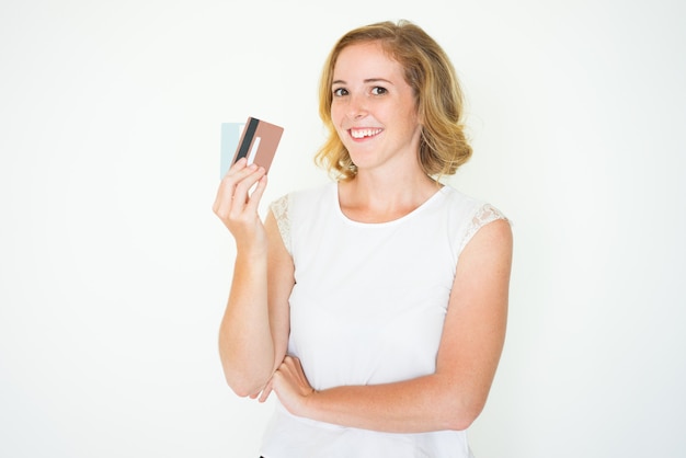 Happy Cute Young Woman Holding Two Credit Cards