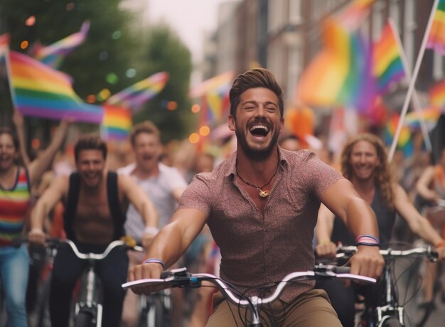 Happy Cyclists at LGBTQ Pride Parade in Amsterdam Amsterdam Pride Month