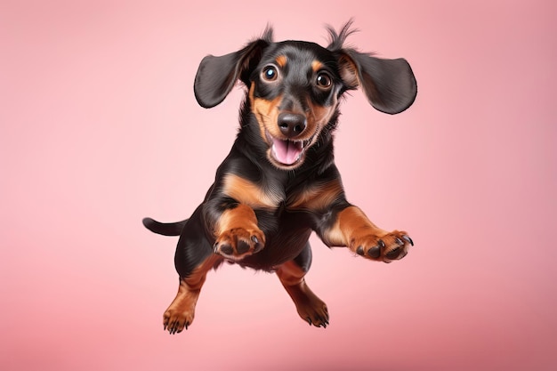 Photo happy dachshund dog in jumping in flight on pastel pink color background generative ai