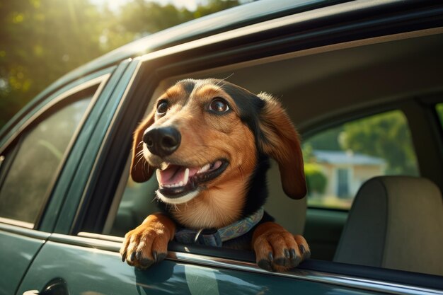Счастливая собака-таксист выглядывает из окна машины на летние каникулы.
