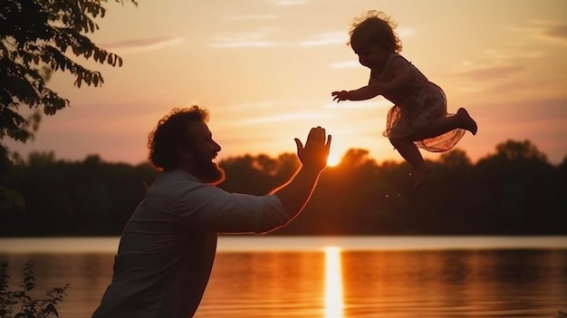 Happy dad throws the baby at sunset Generative AI