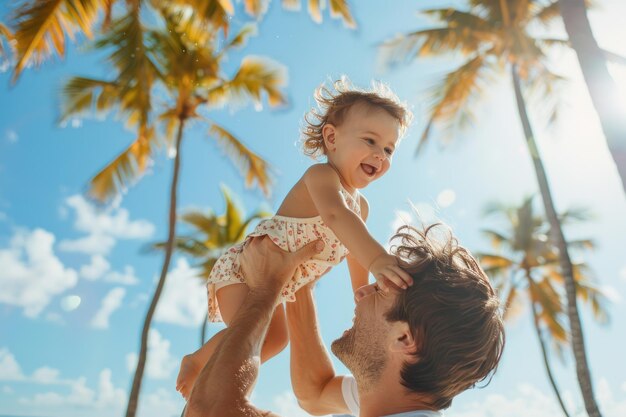 A happy dad throws up his laughing little daughter against the backdrop of green palm trees and blue sky