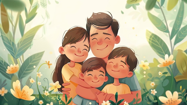 Счастливый отец с детьми на летнем фоне
