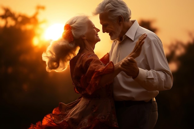 Счастливая танцующая романтическая и любящая пожилая пара на закате Генеративный Ай