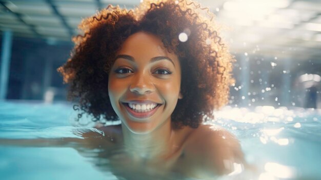 행복 한 어두운 피부 의 여자 가 공공 수영장 에서 물  에서 수영 하고 있다