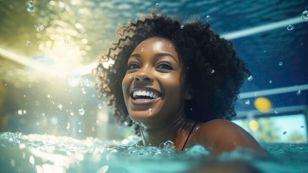 公共のプールで水中を泳ぐ幸せな黒人女性