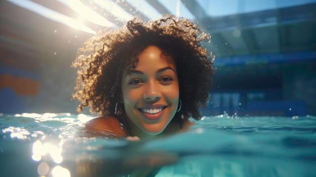 Happy darkskinned woman swimming underwater in a public swimming pool