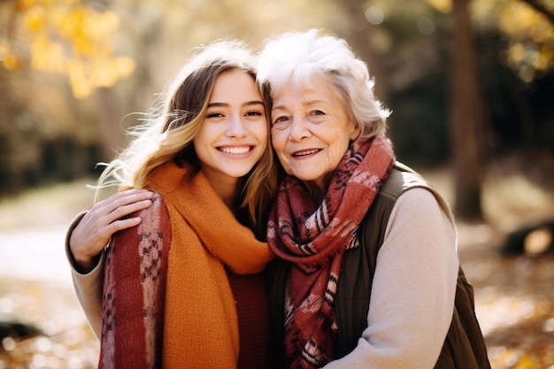 Photo happy daughter embracing senior mother at park