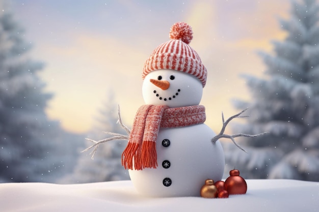 Happy decorated snowman in hat and scarf in winter snowy seasonal holiday AI generated illustration