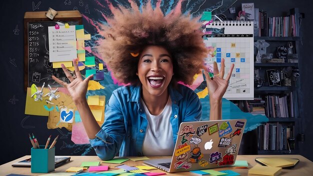 Photo happy delighted freelancer with afro hairstyle