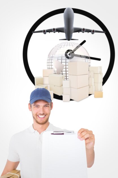 Happy delivery man holding cardboard box and clipboard against logistics concept