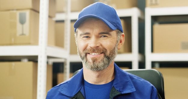 Foto uomo felice consegna in uniforme e cappello sorridendo allegramente.