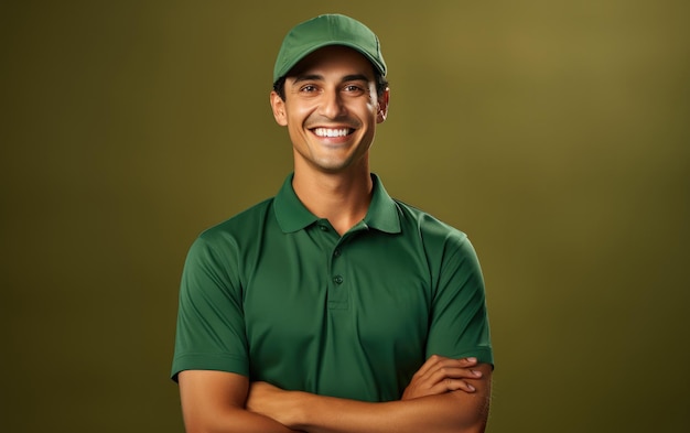 happy deliveryman employee smiling in a dark background wearing Bright solid cloth