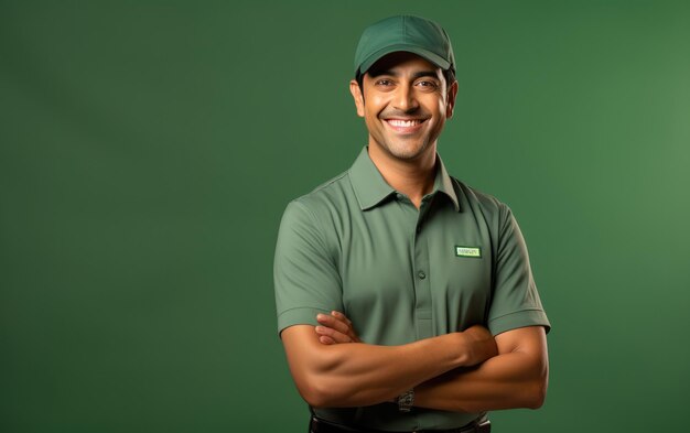 happy deliveryman employee smiling in a dark background wearing Bright solid cloth