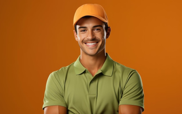 happy deliveryman employee smiling in a solid light background wearing Bright solid light cloth