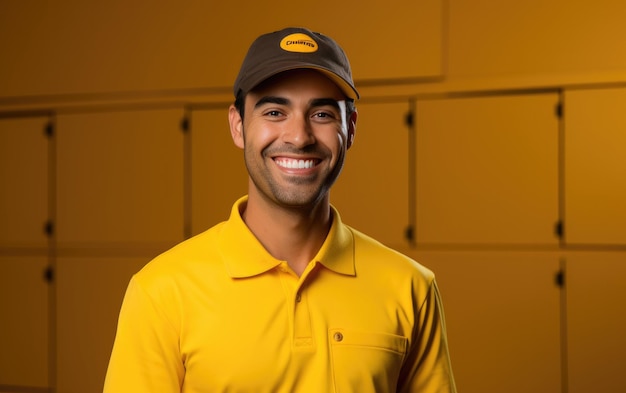 happy deliveryman employee smiling in a warehouse wearing Bright solid light cloth