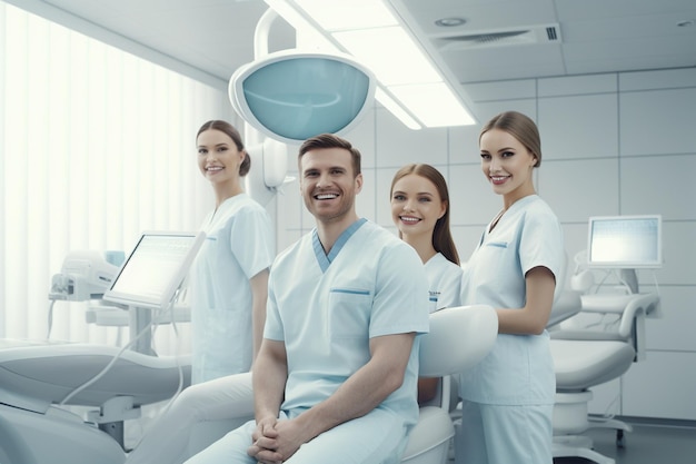 Счастливая стоматологическая команда в современной клинике, продвигающей генеративный ай