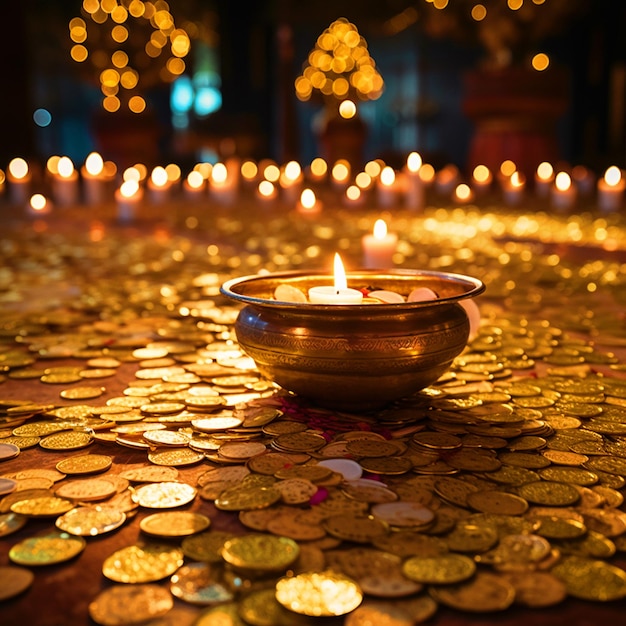 Happy dhanteras background with golden pot filled with gold coins