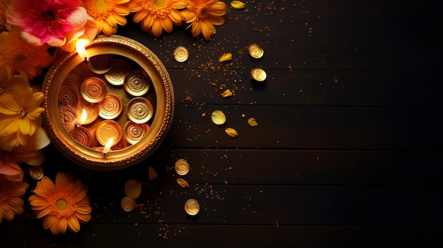 Foto felice sfondo dhanteras con vaso d'oro e monete d'oro vista dall'alto