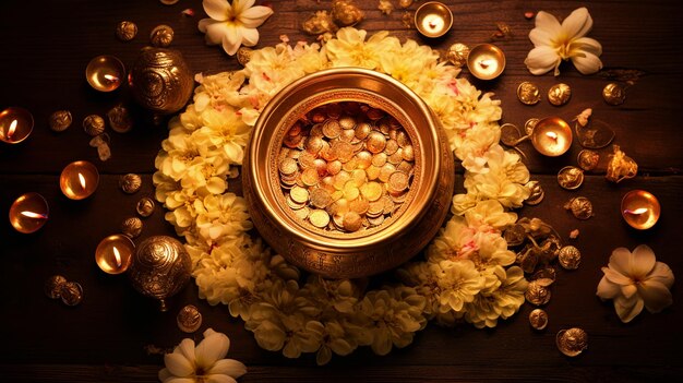 Photo happy dhanteras background with golden pot and gold coins top view