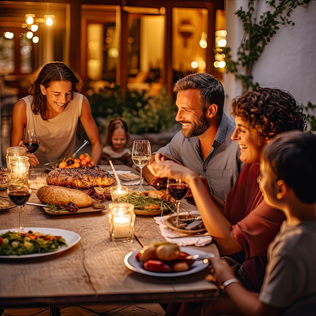 Foto una cena felice con la famiglia a casa cibo e vino