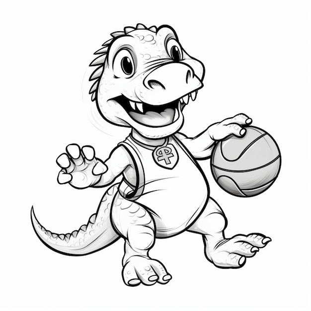 A happy dinosaur playing basketball